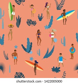 Summertime seamless pattern. People having fun on the beach, relaxing and performing summer outdoor activities at beach - sunbathing, walking, carrying surfboard, swimming in sea, ocean. Exotic plants