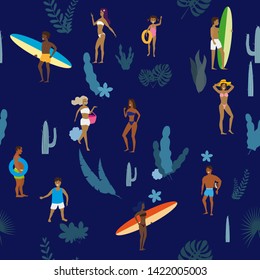 Summertime seamless pattern. People having fun on the beach, relaxing and performing summer outdoor activities at beach - sunbathing, walking, carrying surfboard, swimming in sea, ocean. Exotic plants