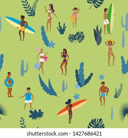 Summertime seamless pattern. People having fun on the beach, relaxing and performing summer outdoor activities at beach - sunbathing, walking, carrying surfboard, swimming in sea, ocean. Exotic plants