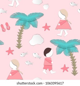 Summertime seamless pattern. People walking on the beach. Paper cut design