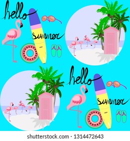 Summertime seamless vector pattern with beach scene, surf board, swimming ring, flamingos and sunglasses 