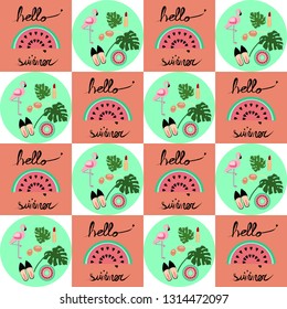 Summertime seamless vector pattern with calligraphy elements, watermelon, flamingo and tropical leaves