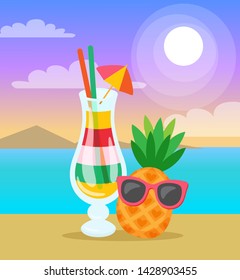 Summertime seascape, pineapple and cocktail vector. Exotic fruit character wearing sunglasses, sunshine and mountains, ocean water. Beverage in glass