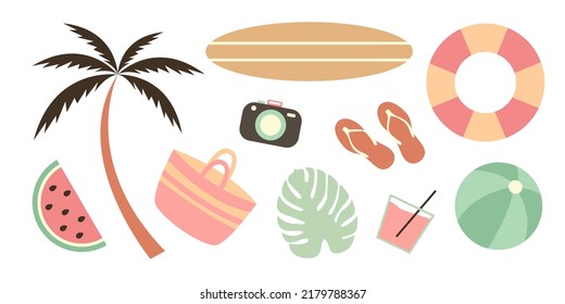 Summertime set of cute summer elements. Surfboard, palm, lemonade, camera, bag, ball, slippers, lifebuoy, watermelon. Doodle beach party illustration for postcard, poster, sticker, packaging, fabric.