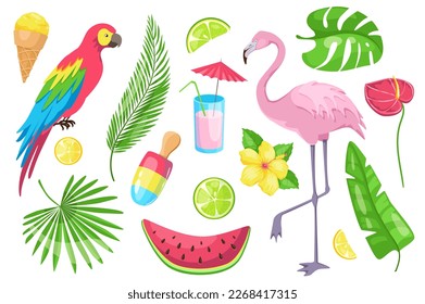 Summertime set graphic elements in flat design. Bundle of ice cream, parrot, palm leaves, lemon, lime, cocktail, flamingo, watermelon, tropical flowers and other. Vector illustration isolated objects