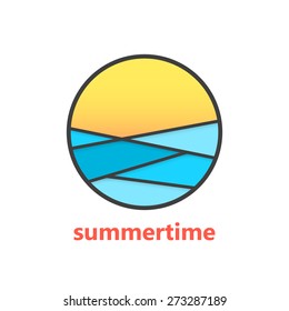 summertime sign with waves and sunset. concept of marine, surfing, surface, exotic, rest, horizon, visual identity. isolated on white background. flat style modern brand design vector illustration