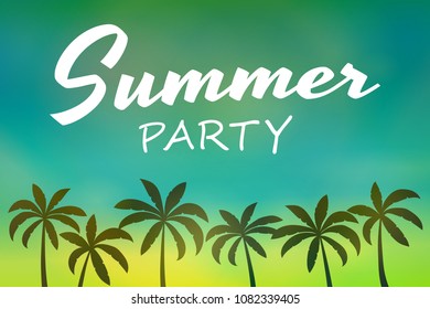 Summertime - silhouette of palm trees on colourful background. Poster with text. Vector.