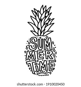 Summertime. Silhouette of pineapple with lettering. Design element for poster, card, banner, t-shirt. Vector illustration