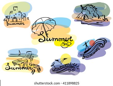 summertime sketch illustration set