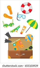 Summertime. Snorkel flippers mask ball cream umbrella trousers slippers lifebuoy and glasses in suitcase. Beach vacation banner. Travelling conceptual poster. Things necessary for rest. Vector