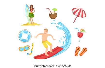 Summertime Sports Activities and Hobbies Set, People Relaxing on Summer Vacation Vector Illustration