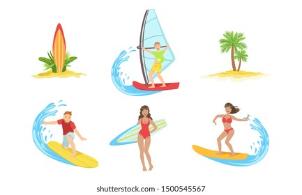 Summertime Sports Activities and Hobbies Set, Girl Relaxing on Summer Vacation, Yachting and Surfing Vector Illustration