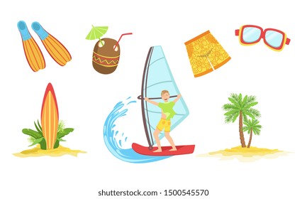 Summertime Sports Activities and Hobbies Set, Man Relaxing on Summer Vacation, Yachting and Surfing Vector Illustration