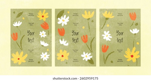 Summertime and springtime floral template set for promotional materials. Hand-drawn wildflowers and leaves on green textured background. Vector flat illustration for posters, flyers, social media.