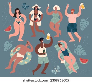 Summertime Sticker set. Beach or pool party. Diverse people in swimsuits drink alcohol and have fun. Cute flat vector modern illustration.
