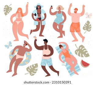 Summertime Sticker set. Beach or pool party. Diverse people in swimsuits have fun. Cute flat vector modern illustration.
