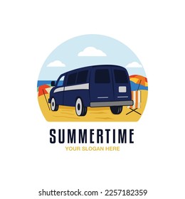 Summertime sufing badge design with rv caravan car on the beach. Travel logo graphics. Stock vector retro label isolated on white background