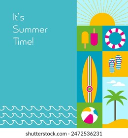 It’s Summertime. Summer card with sun, beach, waves, surfboard, palm tree and flip flops.