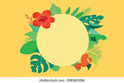 Summertime or summer sale vector background template for banner, flyer or poster. Background with tropical plants and flowers, palm leaves, monstera leaves and hibiscus flower.