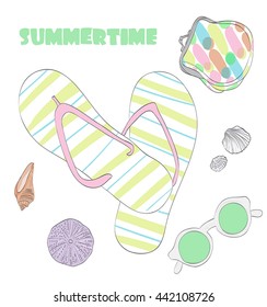 Summertime. Sun glasses, flip flops, seashells and small bag illustration. Hand drawn vector objects isolated on white. Pastel colors.