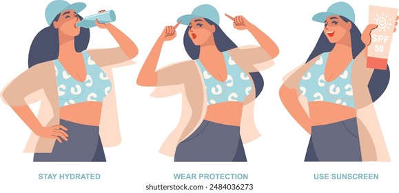 Summertime sun safety and skin protection. Heat wave awareness. Heat stroke and sunburn prevention concept. Woman character in flat vector style