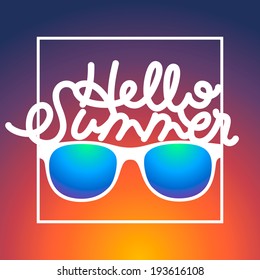 Summertime sunrise background with sunglasses and text Hello Summer, vector illustration.