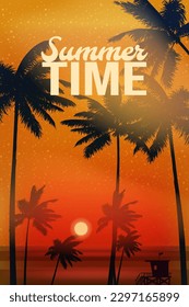 Summertime Sunset Beach Template Design Palms Poster, Flyer. Vector background card isolated illustration