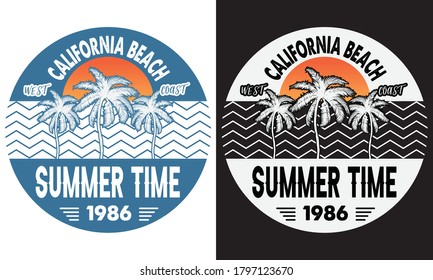 Summertime surfing adventure vector illustration t-shirt design with the words, California beach. vector retro style t-shirt