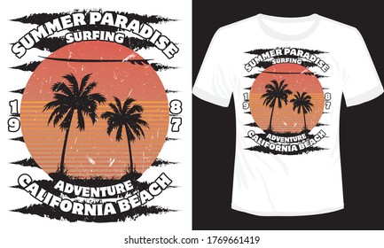 veraneo de aventura vectorial de verano diseño de camisetas retro con las palabras, sunset beach, California beach.