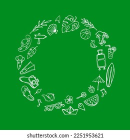 Summertime symbols circle composition with copyspace. Various vacation objects, cartoon pictures, summer resort. Hand drawn design