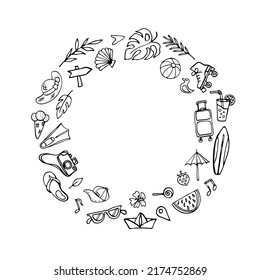 Summertime symbols doodle circle composition with space for text or image. Various vacation objects, cartoon pictures, summer resort theme. Hand drawn design elements, social media stickers, etc