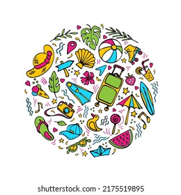 Summertime symbols doodle circle composition. Various vacation objects, cartoon pictures, resort theme. Hand drawn design elements for prints, journals, social media, etc