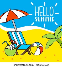 Summertime template with beach,Palm tree, ball, coconut water, chair. vector illustration.
