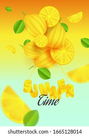 Summertime Template or Flyer Design with Lemons and Leaves Decorated Background.
