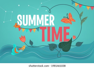 Summertime, text on a blue background, with flowers, sky, stars, river and fish. Vector illustration, banner for Summer festival, travel facebook cover.