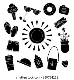 Summertime theme black colored icons with grey outline on white background