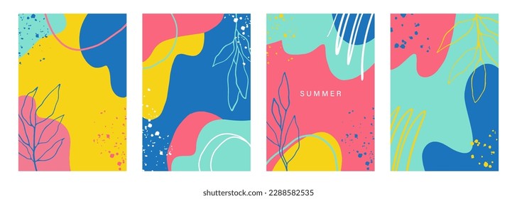 Summertime theme cover templates. Summer botanical backgrounds set. Hand drawn floral and abstract elements for your creative graphic design. Vector illustration.