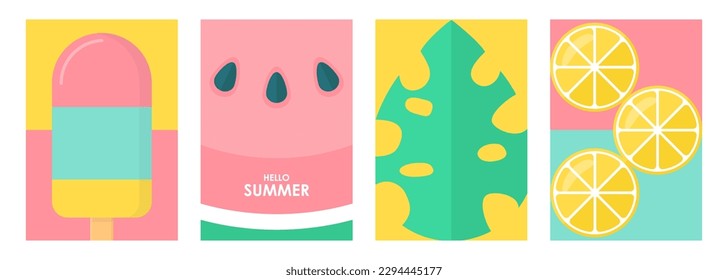 Summertime theme posters. Summer backgrounds set for your seasonal creative graphic design. Vector illustration.