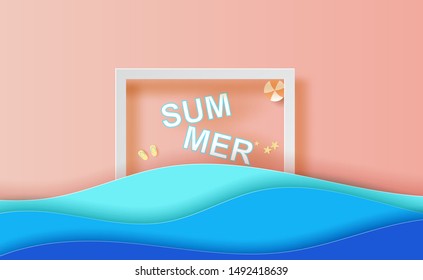 Summertime top view frame scene place for your text.Summer season banner background concept.Creative Holiday sea wave design paper cut and craft style.Minimal graphic origami element seaside.vector.