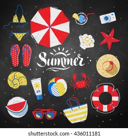 Summertime top view vector illustrations set with Summer word lettering on chalkboard background.