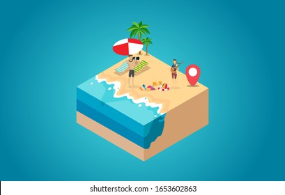 Summertime travel beach vacation flat 3d web isometric infographic tourism concept vector template. open suitcase with seashore hippie van surfer young girls in bikini. creative people collection.