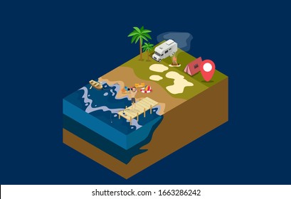 Summertime travel beach vacation flat 3d web isometric infographic tourism concept vector template. open suitcase with seashore hippie van surfer young girls in bikini. creative people collection.