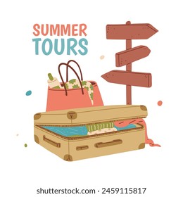 Summertime travel essentials. Vector illustration with suitcases, a beach bag, and directional signs for vacation inspiration.