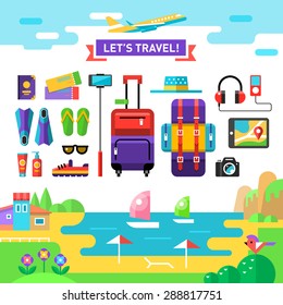 Summertime travel template with sea, beach and vocations accessories: suit case, backpack, camera, selfie stick, sun cream etc. Vac. Set holiday icons. Vector flat background and objects illustration.