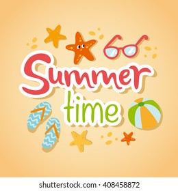 Summertime traveling card with beach summer accessories, vector illustration