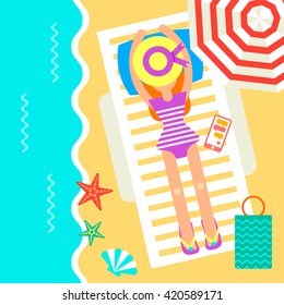 Summertime traveling card with the hipster girl laying on a chair near the beautiful ocean. Vector illustration decorated with different summer accessories: sea fish, soda, beach. 