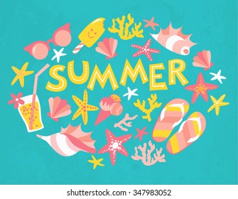 Summertime traveling poster with cartoon beach background. Vector illustration