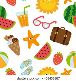 Summertime traveling seamless pattern with beach summer accessories, vector illustration