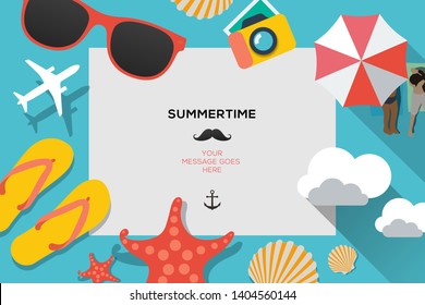 Summertime traveling template with beach summer accessories, flat design, vector illustration.