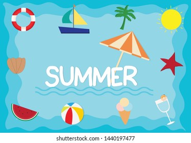 Summertime traveling template with beach summer accessories, vector illustration